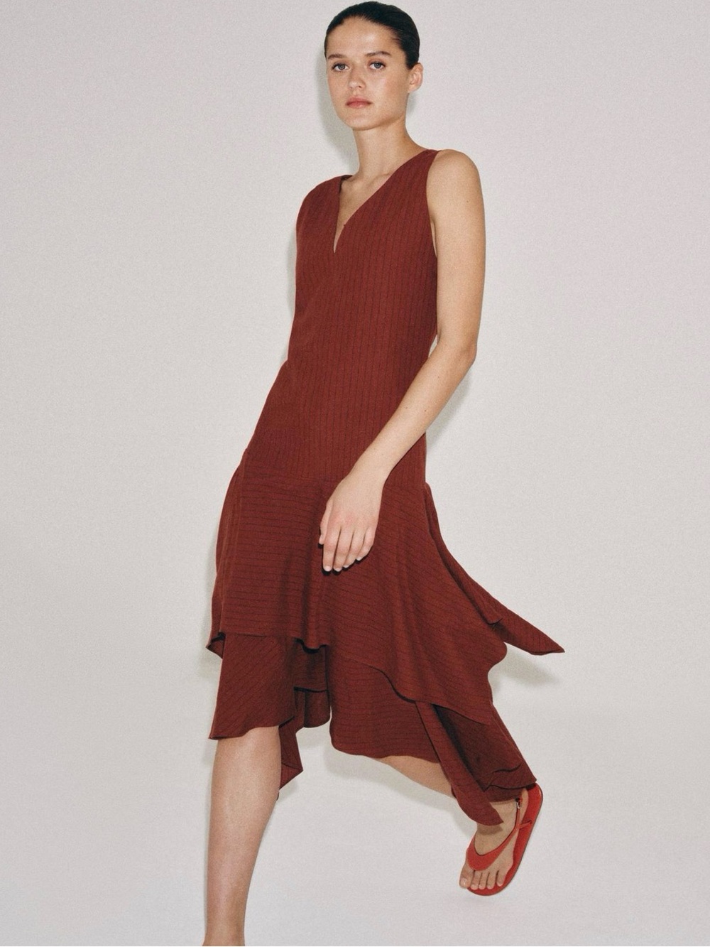 ZARA Asymmetric Sleeveless Striped Ruffle Dress ZW Collection (Rust)